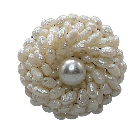 Seed Pearl Cluster Brooch Intricate Twisted Dome Bead Design Silver-Tone Back - Picture 4 of 9